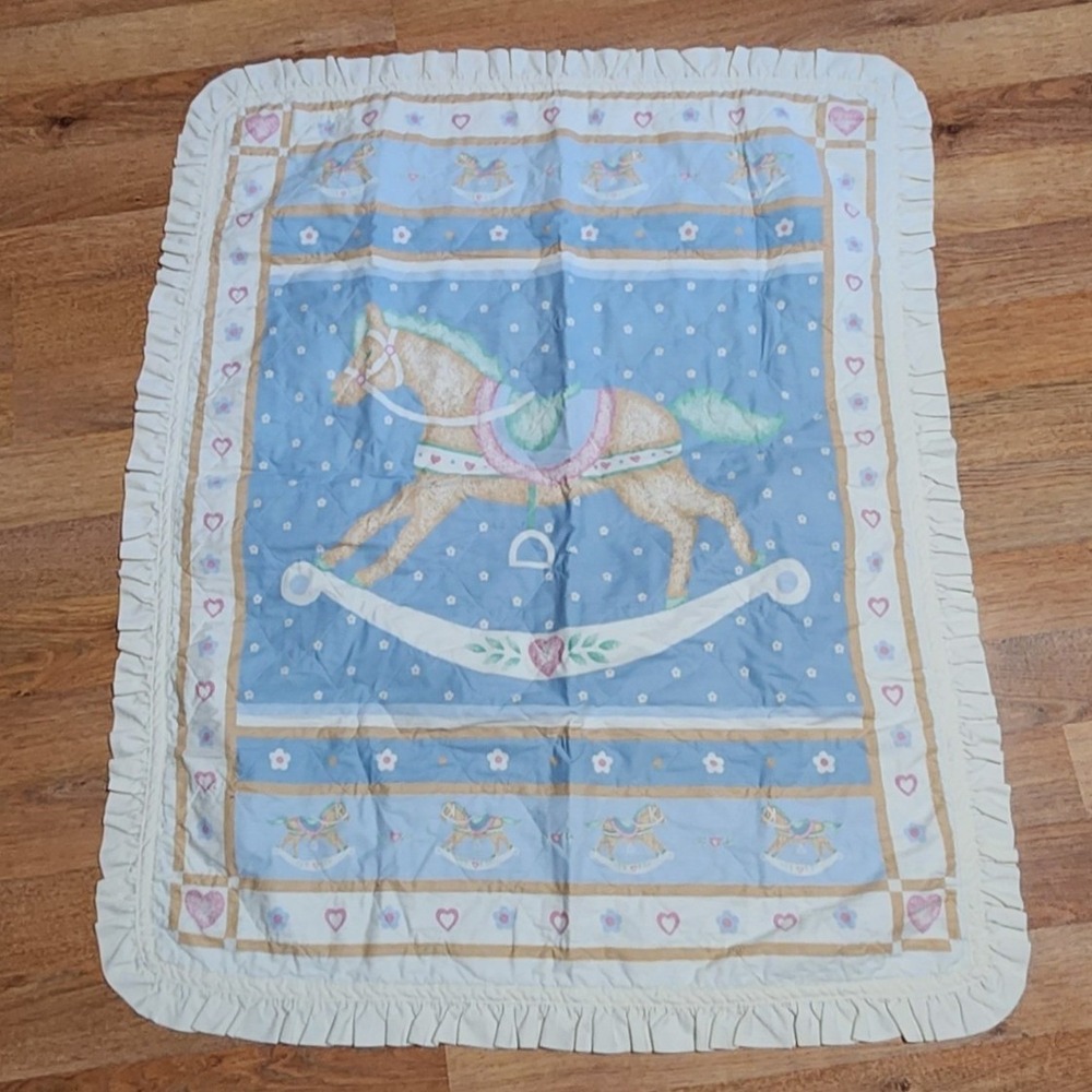 Unbranded 34x44 Blue Rocking Horse Quilted Ruffle Baby Blanket Vintage Nursery